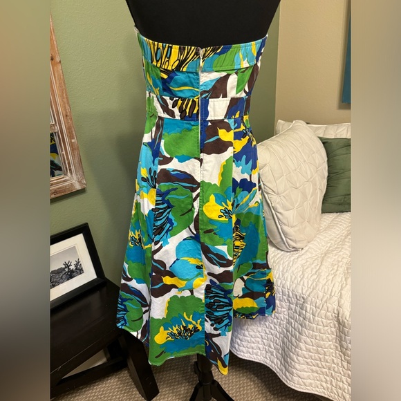 Strapless dress Tropical Sz 8 Medium Blue Green Floral Dress cotton lined - Picture 2 of 11